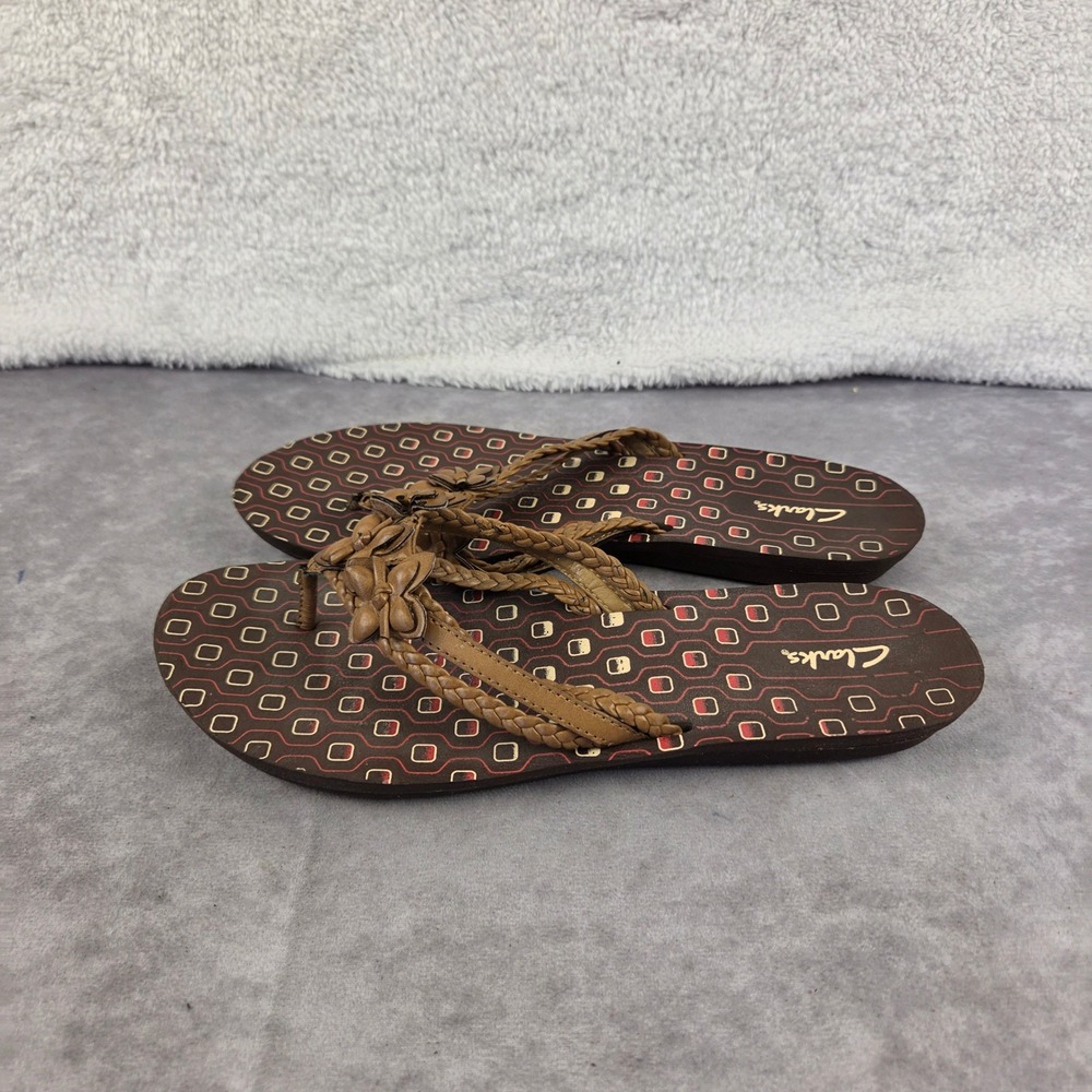 Clarks Womens Brown Braided Floral Thong Flip Flop Sandals Geometric Print